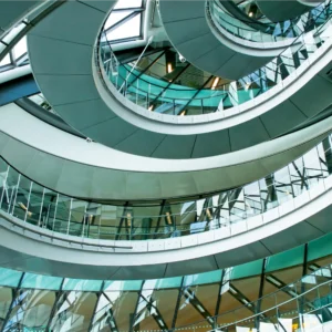 Interior of building with sweeping glass walkways.
